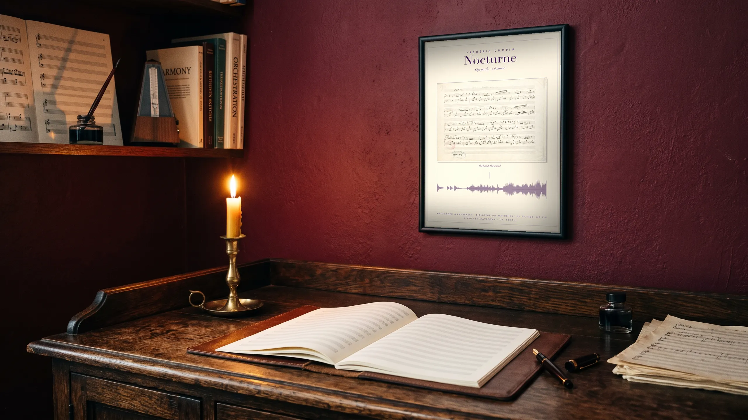 A music manuscript page framed on a wall