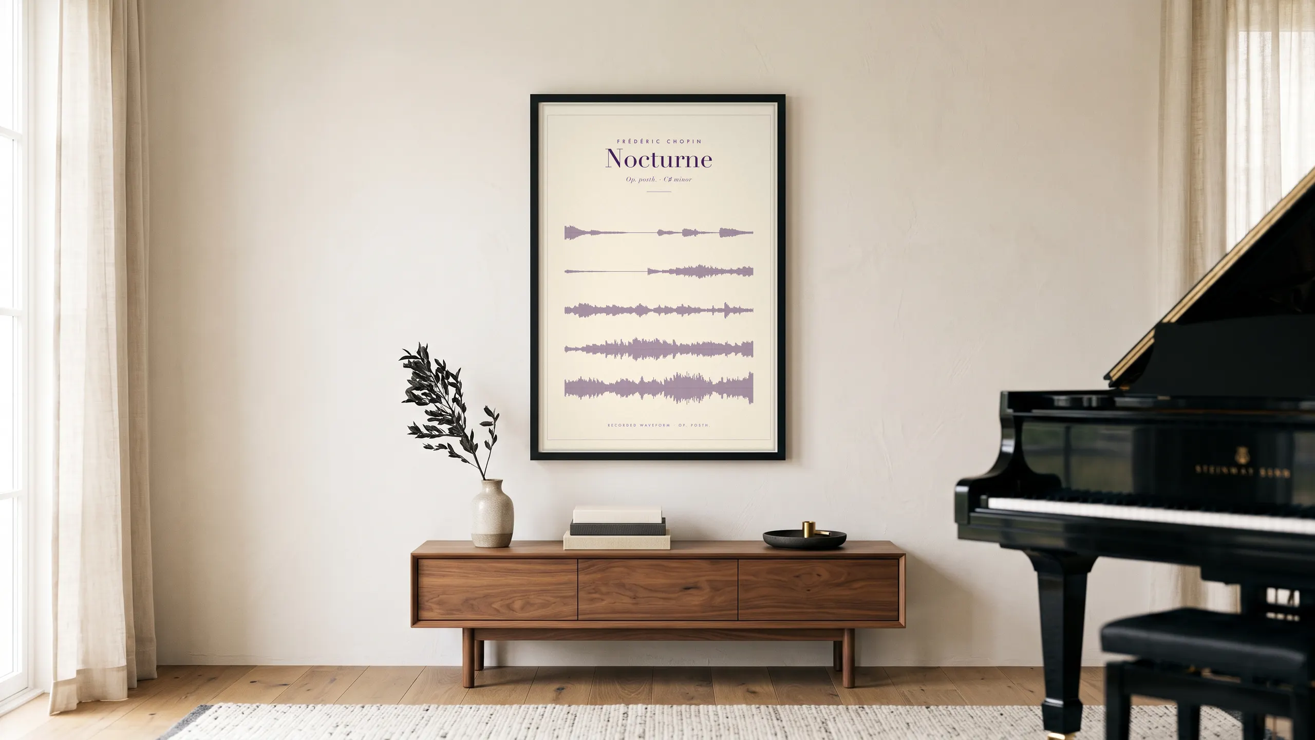 Chopin Nocturne waveform framed beside a grand piano